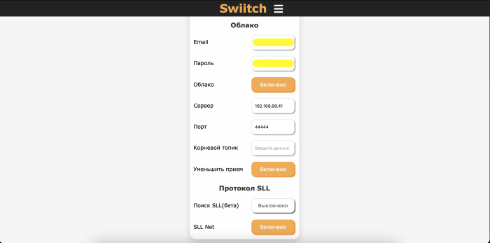 Пример настроек в веб интерфейсе контроллеров Swiitch